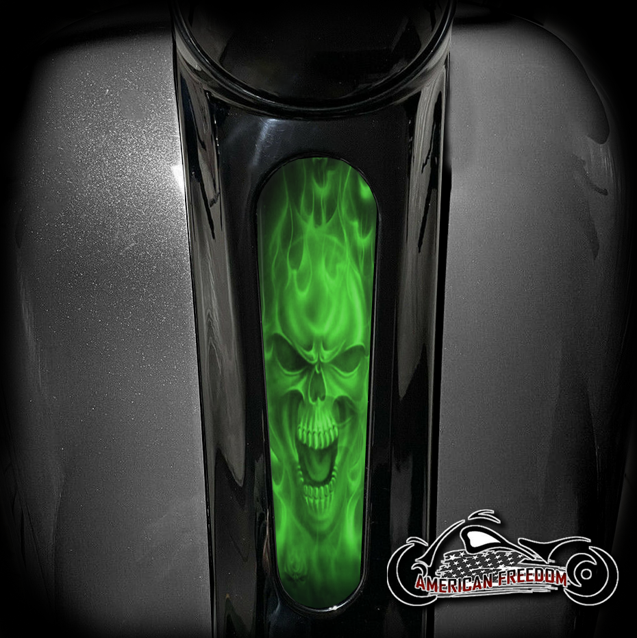 Harley 8 Inch Dash Insert - Green Flame Skull